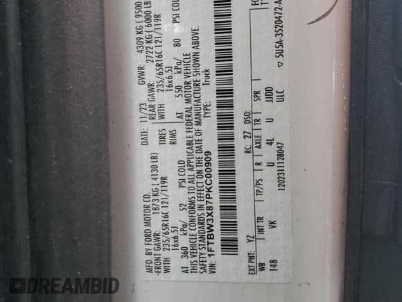 ✅ 2023 Ford Transit Cargo • VIN: 1FTBW3X87PKC00909 • Lot: 42490025. Listed on Copart with Not provided. Free auction sales archive from the USA and detailed vehicle history report at DreamBid. Image 13.