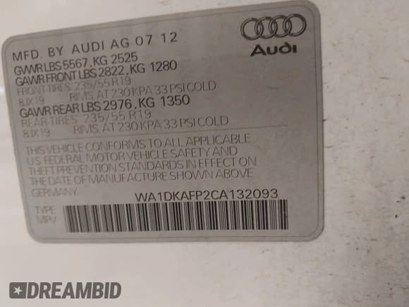 ✅ 2012 Audi Q5 Premium Plus • VIN: WA1DKAFP2CA132093 • Lot: 42666742. Listed on IAAI with 109,564 mi. Free auction sales archive from the USA and detailed vehicle history report at DreamBid. Image 9.