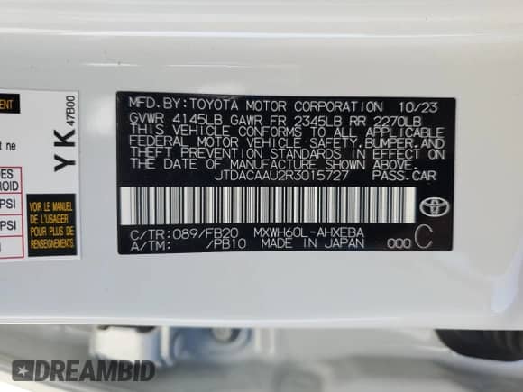 2024 Toyota Prius LE with VIN JTDACAAU2R3015727, listed as a Copart auction lot 86807445 with 19,036 mi miles and Salvage title. Bid and sale history available at DreamBid. Image 12.