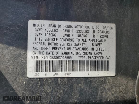 ✅ 2006 Acura TSX • VIN: JH4CL95886C028559 • Lot: 62425295. Listed on Copart with 183,079 mi. Free auction sales archive from the USA and detailed vehicle history report at DreamBid. Image 12.