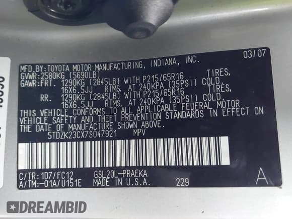 ✅ 2007 Toyota Sienna CE • VIN: 5TDZK23CX7S047921 • Lot: 43613115. Listed on IAAI with 215,910 mi. Free auction sales archive from the USA and detailed vehicle history report at DreamBid. Image 9.