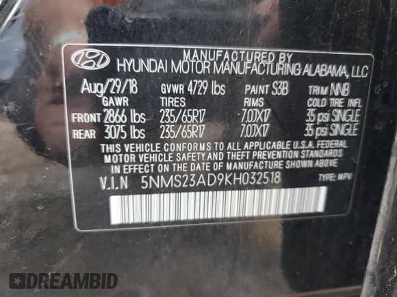 2019 Hyundai Santa Fe SE z VIN 5NMS23AD9KH032518, wystawiony jako Copart lot #81724585 z przebiegiem 64 843 mil mil oraz Szkoda całkowita • Salvage title. Historia ofert i sprzedaży dostępna na DreamBid. Obrazek 14.