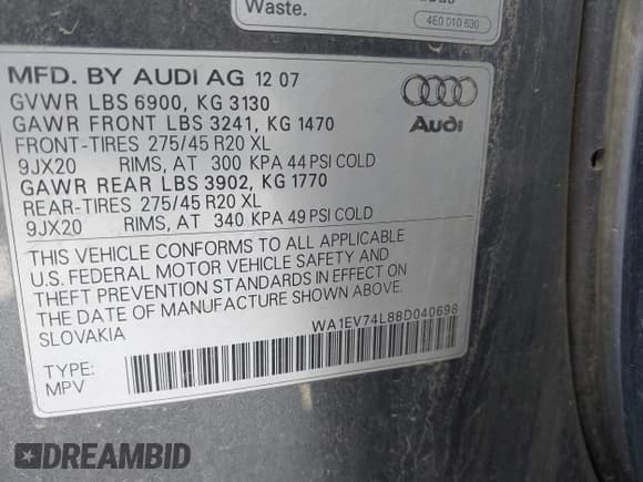 ✅ 2008 Audi Q7 Premium • VIN: WA1EV74L88D040698 • Lot: 41824944. Wystawiony na IAAI z przebiegiem 229 275 mil. Bezpłatny archiwum sprzedaży aukcyjnych z USA i szczegółowy raport historii pojazdu na DreamBid. Zdjęcie 9.