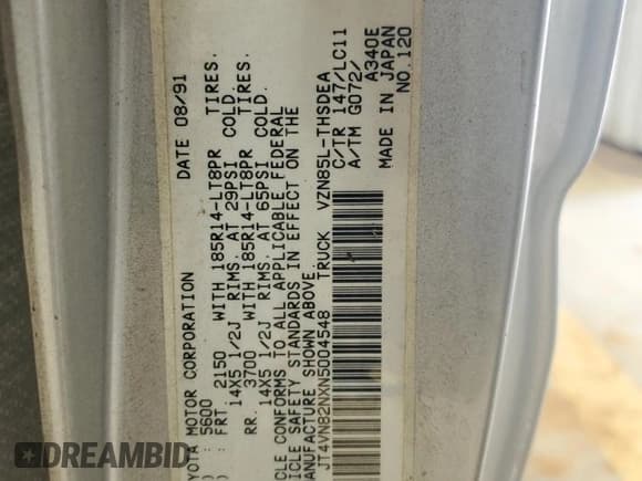 ✅ 1992 Toyota Pickup • VIN: JT4VN82NXN5004548 • Lot: 64133805. Wystawiony na Copart z przebiegiem 224 652 mil. Bezpłatny archiwum sprzedaży aukcyjnych z USA i szczegółowy raport historii pojazdu na DreamBid. Zdjęcie 12.