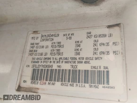 1999 Dodge Dakota SLT with VIN 1B7GL22Y7XS303649, listed as a IAAI auction lot 43265065 with 172,532 mi miles and . Bid and sale history available at DreamBid. Image 9.