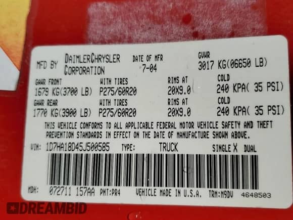 2005 Dodge 1500 SLT z VIN 1D7HA18D45J500585, wystawiony jako Copart lot #68624344 z przebiegiem 167 324 mil mil oraz Szkoda całkowita • Salvage title. Historia ofert i sprzedaży dostępna na DreamBid. Obrazek 12.