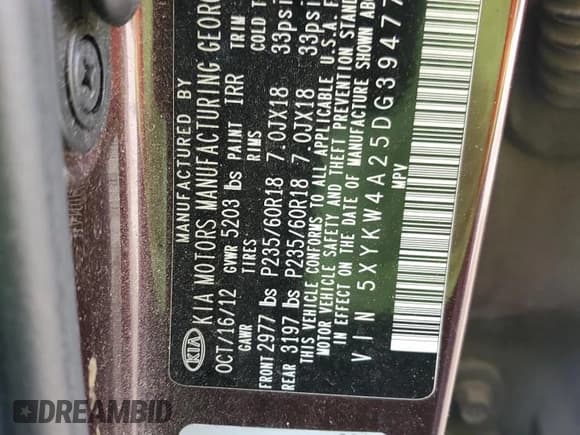 ✅ 2013 Kia Sorento SX • VIN: 5XYKW4A25DG394772 • Lot: 54494345. Listed on Copart with 207,092 mi. Free auction sales archive from the USA and detailed vehicle history report at DreamBid. Image 13.