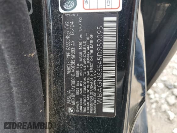 ✅ 2005 BMW 7 Series 745Li • VIN: WBAGN63545DS59095 • Lot: 66613345. Listed on Copart with 161,506 mi. Free auction sales archive from the USA and detailed vehicle history report at DreamBid. Image 12.