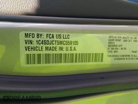 2021 Dodge Durango R/T with VIN 1C4SDJCT5MC559105, listed as a IAAI auction lot 39540856 with 36,487 mi miles and . Bid and sale history available at DreamBid. Image 9.