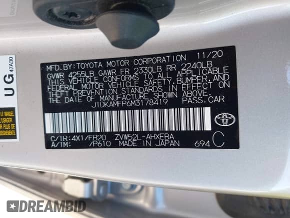 2021 Toyota Prius LE с VIN JTDKAMFP6M3178419, выставлен на аукционе IAAI как лот 43593089 с пробегом 33 744 миль миль и . История ставок и продаж доступна на DreamBid. Изображение 9.