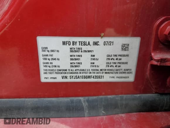 ✅ 2021 Tesla Model S Plaid • VIN: 5YJSA1E66MF435931 • Lot: 45583255. Listed on Copart with 41,925 mi. Free auction sales archive from the USA and detailed vehicle history report at DreamBid. Image 12.