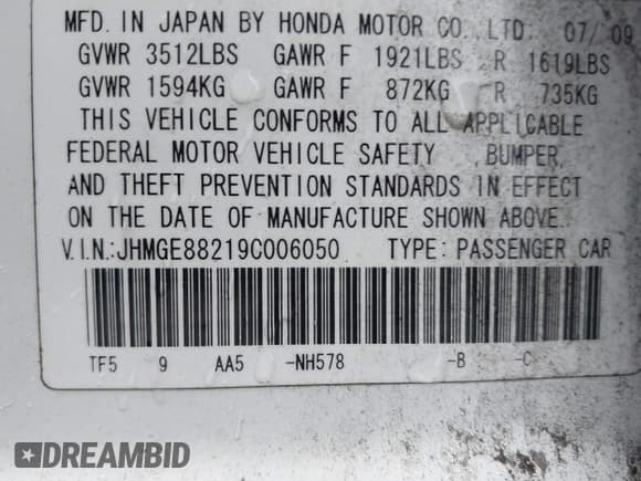 ✅ 2009 Honda Fit • VIN: JHMGE88219C006050 • Lot: 43599814. Listed on IAAI with 187,191 mi. Free auction sales archive from the USA and detailed vehicle history report at DreamBid. Image 9.