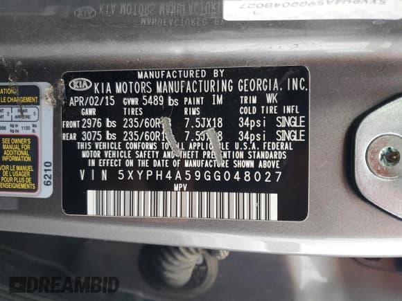 ✅ 2016 Kia Sorento EX • VIN: 5XYPH4A59GG048027 • Lot: 92736445. Listed on Copart with 114,584 mi. Free auction sales archive from the USA and detailed vehicle history report at DreamBid. Image 13.