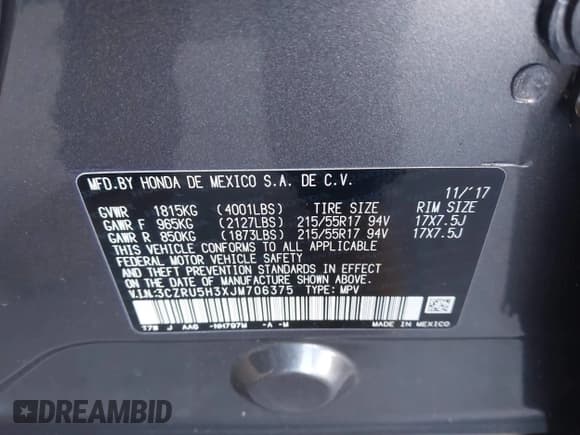 ✅ 2018 Honda HR-V LX • VIN: 3CZRU5H3XJM706375 • Lot: 43413590. Wystawiony na IAAI z przebiegiem 86 674 mil. Bezpłatny archiwum sprzedaży aukcyjnych z USA i szczegółowy raport historii pojazdu na DreamBid. Zdjęcie 9.