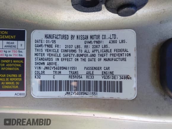 ✅ 2005 Infiniti G35 • VIN: JNKCV54E85M411551 • Lot: 43820061. Wystawiony na IAAI z przebiegiem 170 542 mil. Bezpłatny archiwum sprzedaży aukcyjnych z USA i szczegółowy raport historii pojazdu na DreamBid. Zdjęcie 9.