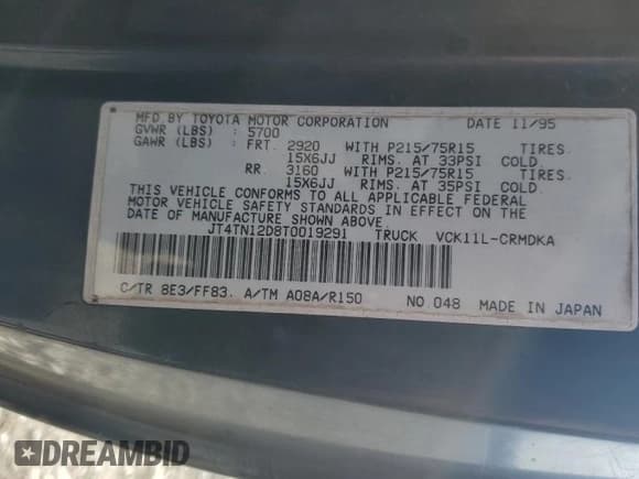 ✅ 1996 Toyota T100 DX • VIN: JT4TN12D8T0019291 • Лот: 78065354. Опубликован ранее на Copart с пробегом 185 004 миль. Бесплатный доступ к архиву аукционных продаж из США и подробный отчёт об истории автомобиля на DreamBid. Изображение 15.