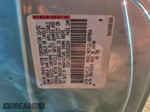 ✅ 2003 Toyota ECHO • VIN: JTDAT123630262084 • Lot: 94695355. Listed on Copart with 187,361 mi. Free auction sales archive from the USA and detailed vehicle history report at DreamBid. Image 12.