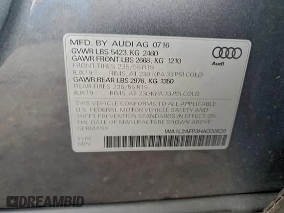 ✅ 2017 Audi Q5 Premium Plus • VIN: WA1L2AFP3HA020826 • Lot: 94099825. Wystawiony na Copart z przebiegiem 108 605 mil. Bezpłatny archiwum sprzedaży aukcyjnych z USA i szczegółowy raport historii pojazdu na DreamBid. Zdjęcie 13.