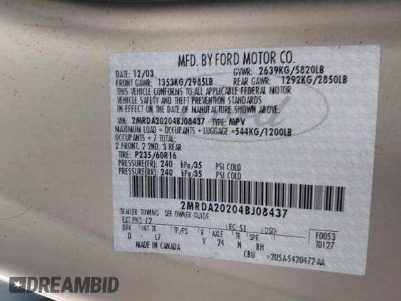 ✅ 2004 Mercury Monterey Convenience • VIN: 2MRDA20204BJ08437 • Лот: 42916150. Опубликован ранее на IAAI с пробегом 39 666 миль. Бесплатный доступ к архиву аукционных продаж из США и подробный отчёт об истории автомобиля на DreamBid. Изображение 9.