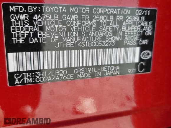 ✅ 2011 Lexus GS 350 • VIN: JTHBE1KS1B0053273 • Lot: 61263765. Wystawiony na Copart z przebiegiem 153 499 mil. Bezpłatny archiwum sprzedaży aukcyjnych z USA i szczegółowy raport historii pojazdu na DreamBid. Zdjęcie 12.