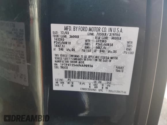 ✅ 2004 Ford F-150 XL • VIN: 1FTPX12544NA98936 • Lot: 85373505. Listed on Copart with 145,032 mi. Free auction sales archive from the USA and detailed vehicle history report at DreamBid. Image 12.