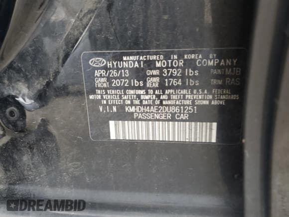 ✅ 2013 Hyundai Elantra Limited • VIN: KMHDH4AE2DU861251 • Lot: 67797435. Listed on Copart with 122,202 mi. Free auction sales archive from the USA and detailed vehicle history report at DreamBid. Image 12.