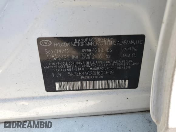 ✅ 2013 Hyundai Sonata GLS • VIN: 5NPEB4AC2DH604609 • Lot: 62063894. Listed on Copart with Not provided. Free auction sales archive from the USA and detailed vehicle history report at DreamBid. Image 13.