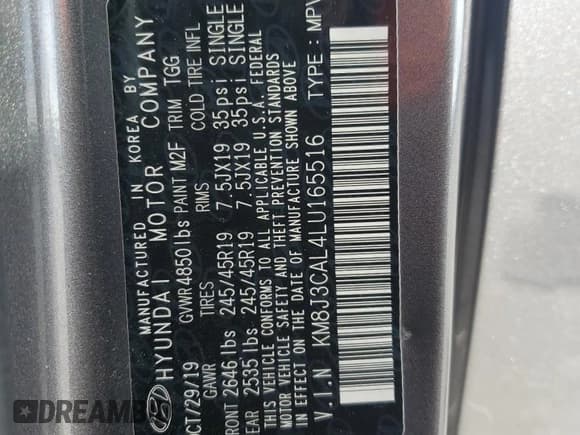 ✅ 2020 Hyundai Tucson Sport • VIN: KM8J3CAL4LU165516 • Lot: 82278055. Listed on Copart with 75,711 mi. Free auction sales archive from the USA and detailed vehicle history report at DreamBid. Image 13.