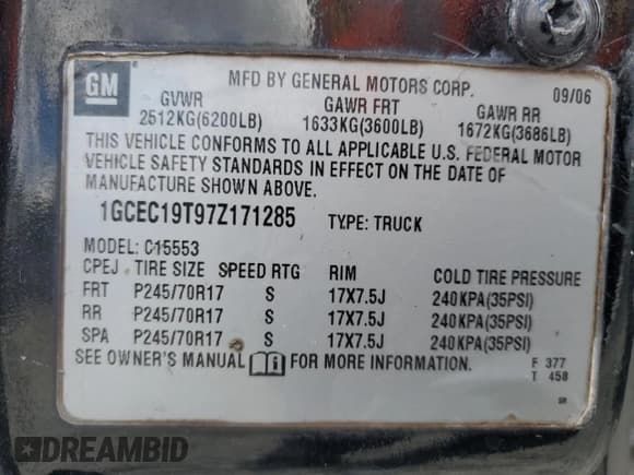 ✅ 2007 Chevrolet Silverado 1500 LT1 • VIN: 1GCEC19T97Z171285 • Lot: 46863445. Listed on Copart with 202,218 mi. Free auction sales archive from the USA and detailed vehicle history report at DreamBid. Image 12.