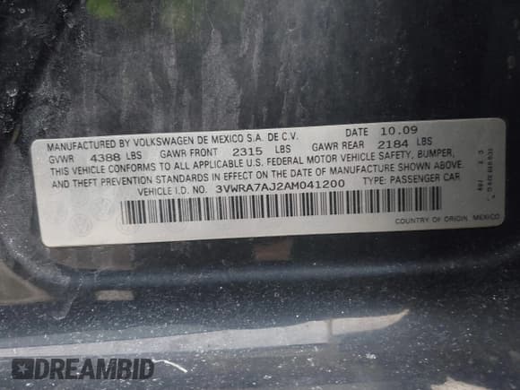 ✅ 2010 Volkswagen Jetta Wolfsburg Edition • VIN: 3VWRA7AJ2AM041200 • Lot: 41606837. Listed on IAAI with 184,109 mi. Free auction sales archive from the USA and detailed vehicle history report at DreamBid. Image 9.