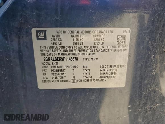 ✅ 2015 Chevrolet Equinox LT • VIN: 2GNALBEK9F1143678 • Лот: 91621705. Опубликован ранее на Copart с пробегом Не указан. Бесплатный доступ к архиву аукционных продаж из США и подробный отчёт об истории автомобиля на DreamBid. Изображение 13.