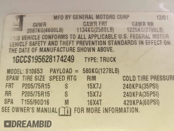 ✅ 2002 Chevrolet S-10 Fleet • VIN: 1GCCS195628174249 • Лот: 42082886. Опубликован ранее на IAAI с пробегом 362 368 миль. Бесплатный доступ к архиву аукционных продаж из США и подробный отчёт об истории автомобиля на DreamBid. Изображение 9.