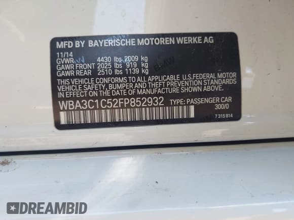 ✅ 2015 BMW 3 Series 328i • VIN: WBA3C1C52FP852932 • Lot: 42935008. Listed on IAAI with 136,082 mi. Free auction sales archive from the USA and detailed vehicle history report at DreamBid. Image 9.