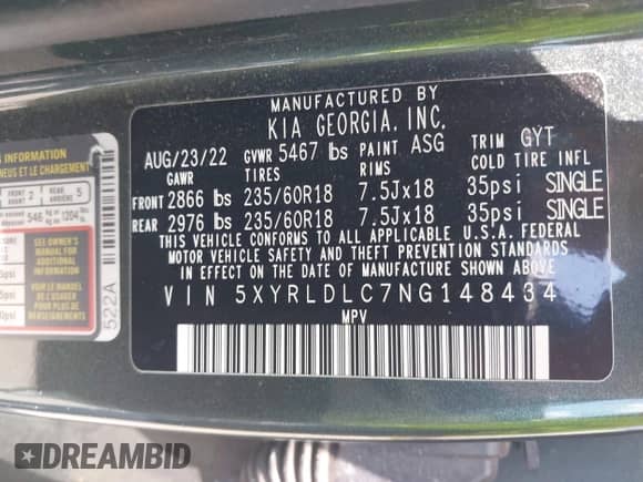 2022 Kia Sorento X-Line S z VIN 5XYRLDLC7NG148434, wystawiony jako IAAI lot #42958663 z przebiegiem 34 462 mil mil oraz . Historia ofert i sprzedaży dostępna na DreamBid. Obrazek 9.