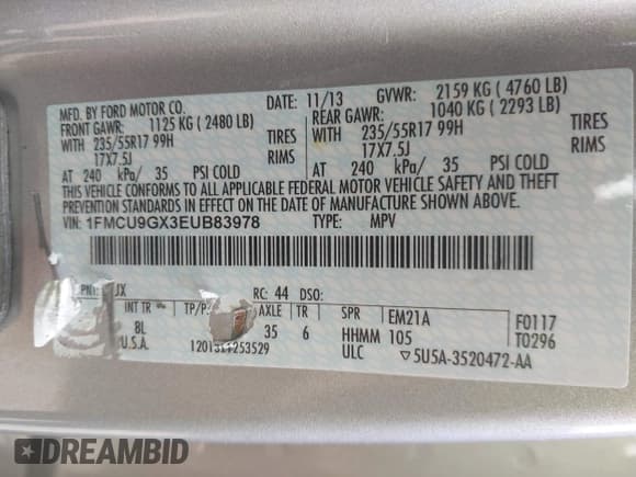 ✅ 2014 Ford Escape SE • VIN: 1FMCU9GX3EUB83978 • Lot: 42509549. Listed on IAAI with 121,388 mi. Free auction sales archive from the USA and detailed vehicle history report at DreamBid. Image 9.