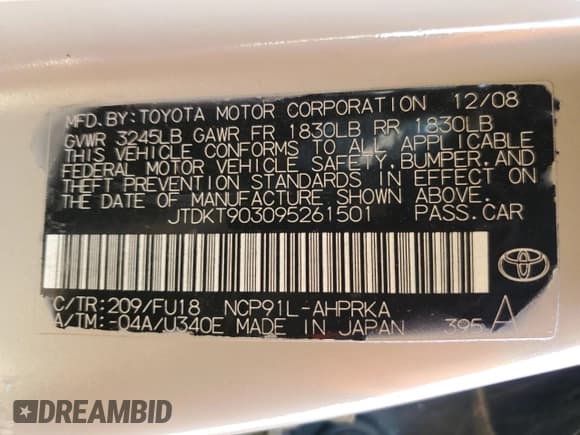 ✅ 2009 Toyota Yaris • VIN: JTDKT903095261501 • Lot: 82616345. Listed on Copart with 183,491 mi. Free auction sales archive from the USA and detailed vehicle history report at DreamBid. Image 12.