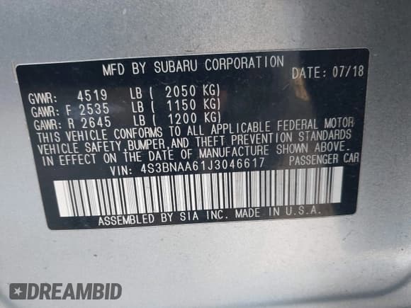 ✅ 2018 Subaru Legacy • VIN: 4S3BNAA61J3046617 • Lot: 43600648. Listed on IAAI with 150,000 mi. Free auction sales archive from the USA and detailed vehicle history report at DreamBid. Image 9.