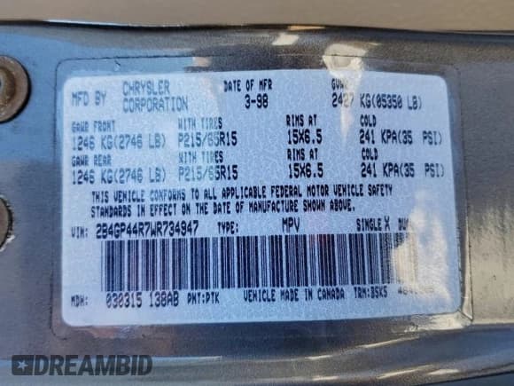 ✅ 1998 Dodge Caravan SE • VIN: 2B4GP44R7WR734947 • Lot: 95460295. Listed on Copart with 184,218 mi. Free auction sales archive from the USA and detailed vehicle history report at DreamBid. Image 14.