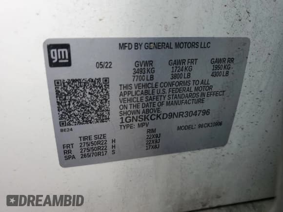 ✅ 2022 Chevrolet Suburban LT • VIN: 1GNSKCKD9NR304796 • Lot: 63745015. Listed on Copart with 81,685 mi. Free auction sales archive from the USA and detailed vehicle history report at DreamBid. Image 13.