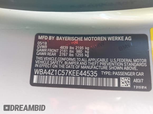 ✅ 2019 BMW 4 Series 430i • VIN: WBA4Z1C57KEE44535 • Lot: 41618169. Listed on IAAI with 39,507 mi. Free auction sales archive from the USA and detailed vehicle history report at DreamBid. Image 9.