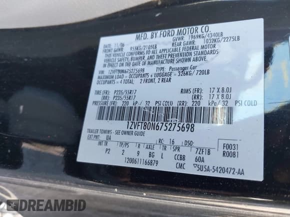 ✅ 2007 Ford Mustang Deluxe • VIN: 1ZVFT80N675275698 • Lot: 43552453. Listed on IAAI with Not provided. Free auction sales archive from the USA and detailed vehicle history report at DreamBid. Image 9.