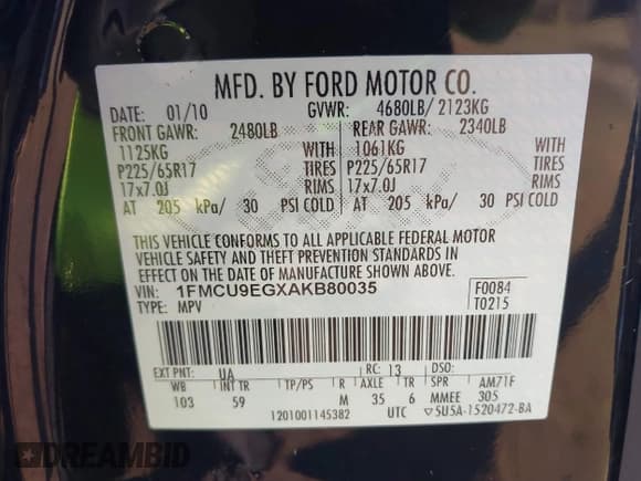 ✅ 2010 Ford Escape Limited • VIN: 1FMCU9EGXAKB80035 • Lot: 43565237. Listed on IAAI with 156,901 mi. Free auction sales archive from the USA and detailed vehicle history report at DreamBid. Image 9.