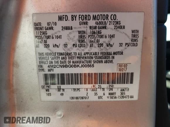 ✅ 2011 Mercury Mariner • VIN: 4M2CN9BG0BKJ00565 • Lot: 75045024. Listed on Copart with 125,735 mi. Free auction sales archive from the USA and detailed vehicle history report at DreamBid. Image 15.