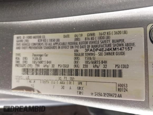 ✅ 2019 Ford Fiesta SE • VIN: 3FADP4EJ4KM147157 • Lot: 43604505. Listed on IAAI with Not provided. Free auction sales archive from the USA and detailed vehicle history report at DreamBid. Image 9.