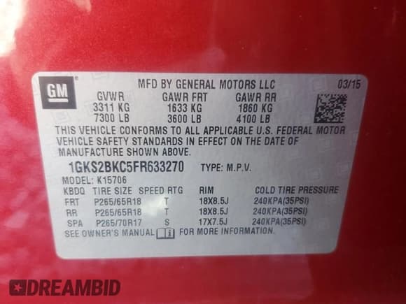 ✅ 2015 GMC Yukon SLT • VIN: 1GKS2BKC5FR633270 • Lot: 84721205. Listed on Copart with 147,395 mi. Free auction sales archive from the USA and detailed vehicle history report at DreamBid. Image 13.