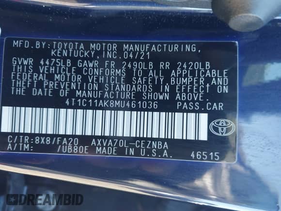 2021 Toyota Camry LE with VIN 4T1C11AK8MU461036, listed as a IAAI auction lot 43351796 with 83,856 mi miles and . Bid and sale history available at DreamBid. Image 9.