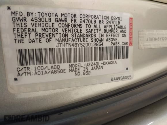 ✅ 2002 Lexus SC 430 • VIN: JTHFN48Y520012854 • Lot: 40255538. Listed on IAAI with 109,360 mi. Free auction sales archive from the USA and detailed vehicle history report at DreamBid. Image 9.