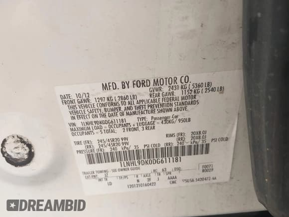 ✅ 2013 Lincoln MKS • VIN: 1LNHL9DK0DG611181 • Lot: 42840234. Listed on IAAI with 118,435 mi. Free auction sales archive from the USA and detailed vehicle history report at DreamBid. Image 9.