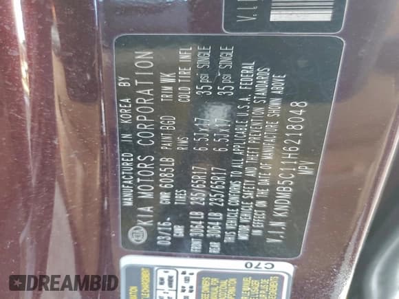 ✅ 2017 Kia Sedona LX • VIN: KNDMB5C11H6218048 • Lot: 93703975. Listed on Copart with 155,500 mi. Free auction sales archive from the USA and detailed vehicle history report at DreamBid. Image 13.