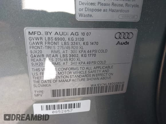 ✅ 2008 Audi Q7 Premium • VIN: WA1EV74L58D028945 • Lot: 42681836. Wystawiony na IAAI z przebiegiem 156 196 mil. Bezpłatny archiwum sprzedaży aukcyjnych z USA i szczegółowy raport historii pojazdu na DreamBid. Zdjęcie 9.